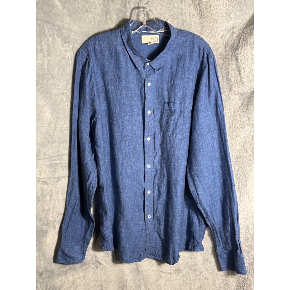 1901 Mens Blue 100% Linen Long Sleeve Button Down Shirt‎ XL